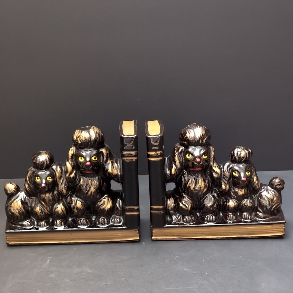 VGT 1950s Redware Brown/Gold Ceramic Poodle Bookends .